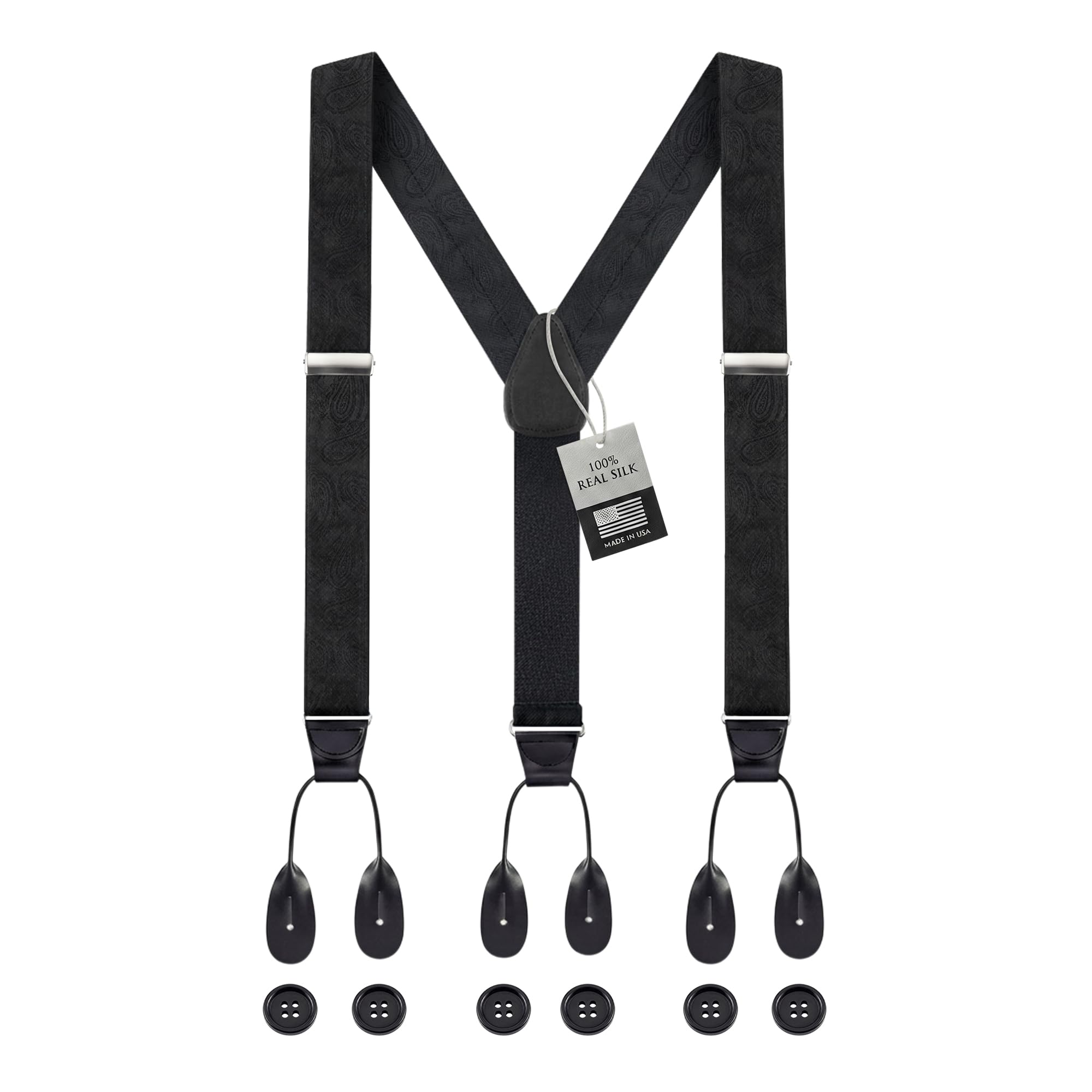 HOLD'EM Tuxedo Suspenders Formal Black 100% Silk Made in USA Button Suspenders for Men Wedding Tux Suspenders for Men