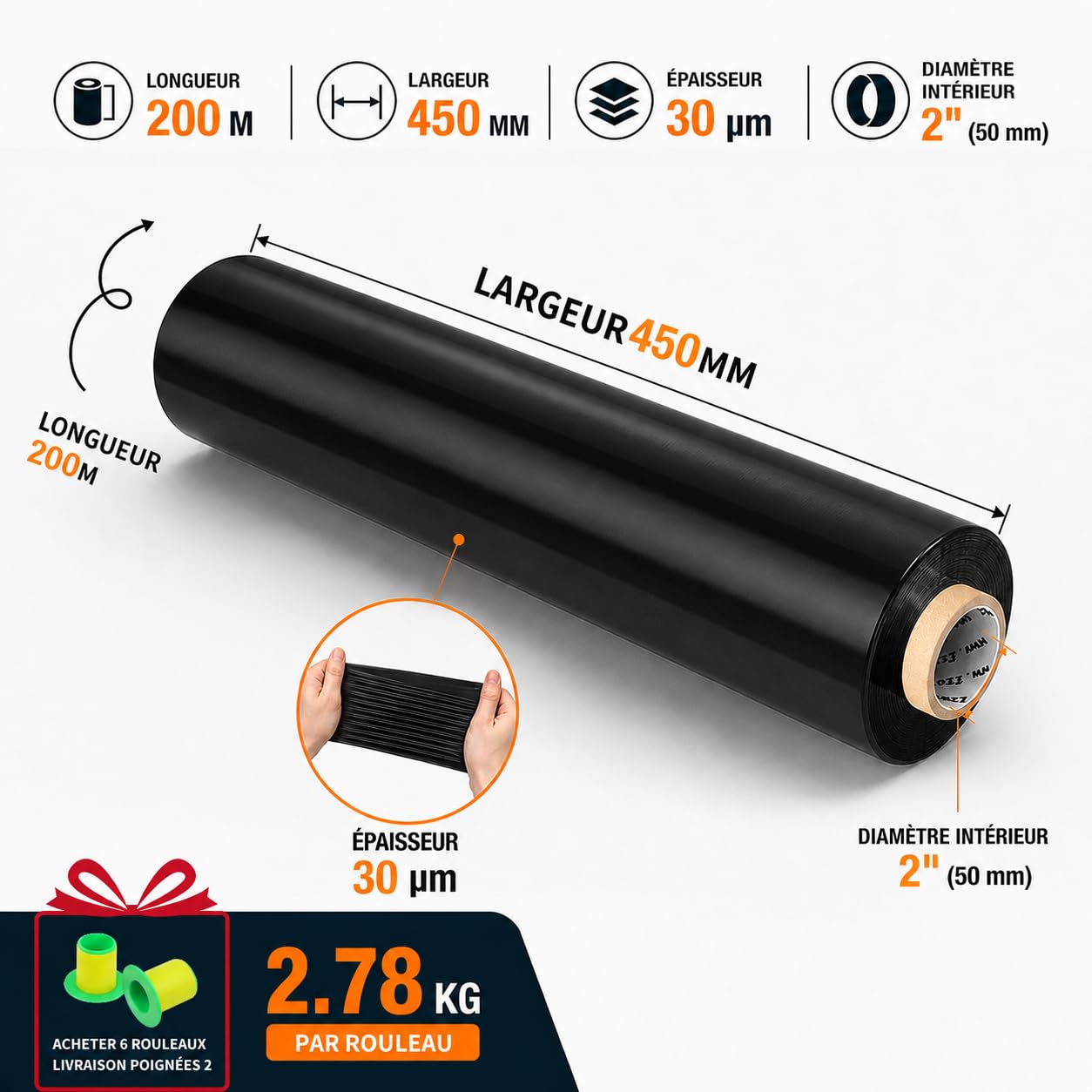 Lot de 6 Films Étirables Noirs 45 cm x 200 m, 30 Microns, 2,78 kg – Film Palette Opaque et Résistant pour Emballage Industriel, Stockage, Logistique et Protection