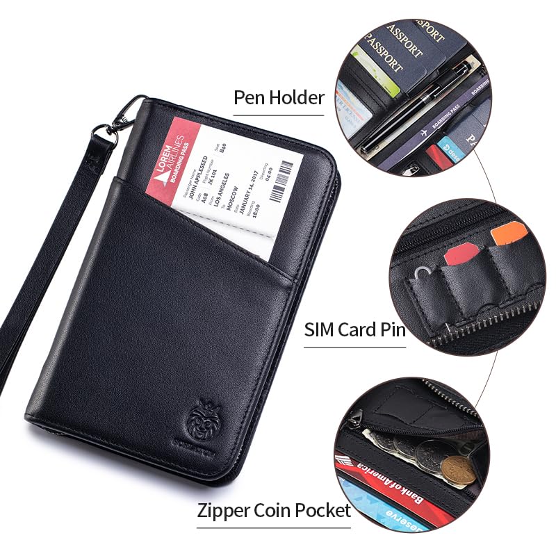Image of Passport Holder for Travel Family with Strap Genuine Leather RFID Blocking Travel Document Organizer Wallet with Pen Holder, Black