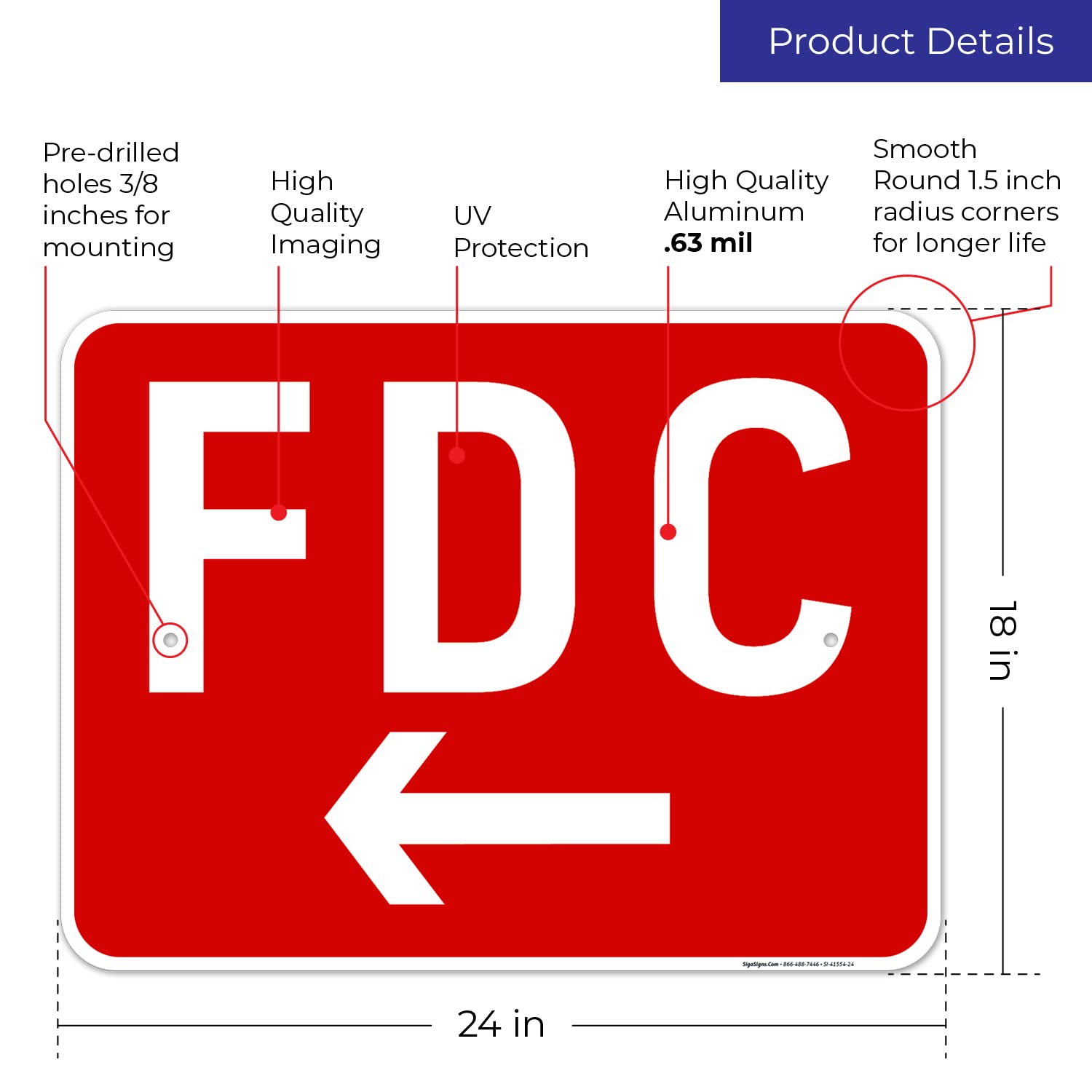 FDC Left Arrow Sign, Red Background, 18x24 Inches, Rust Free .063 Aluminum, Fade Resistant, Made in USA