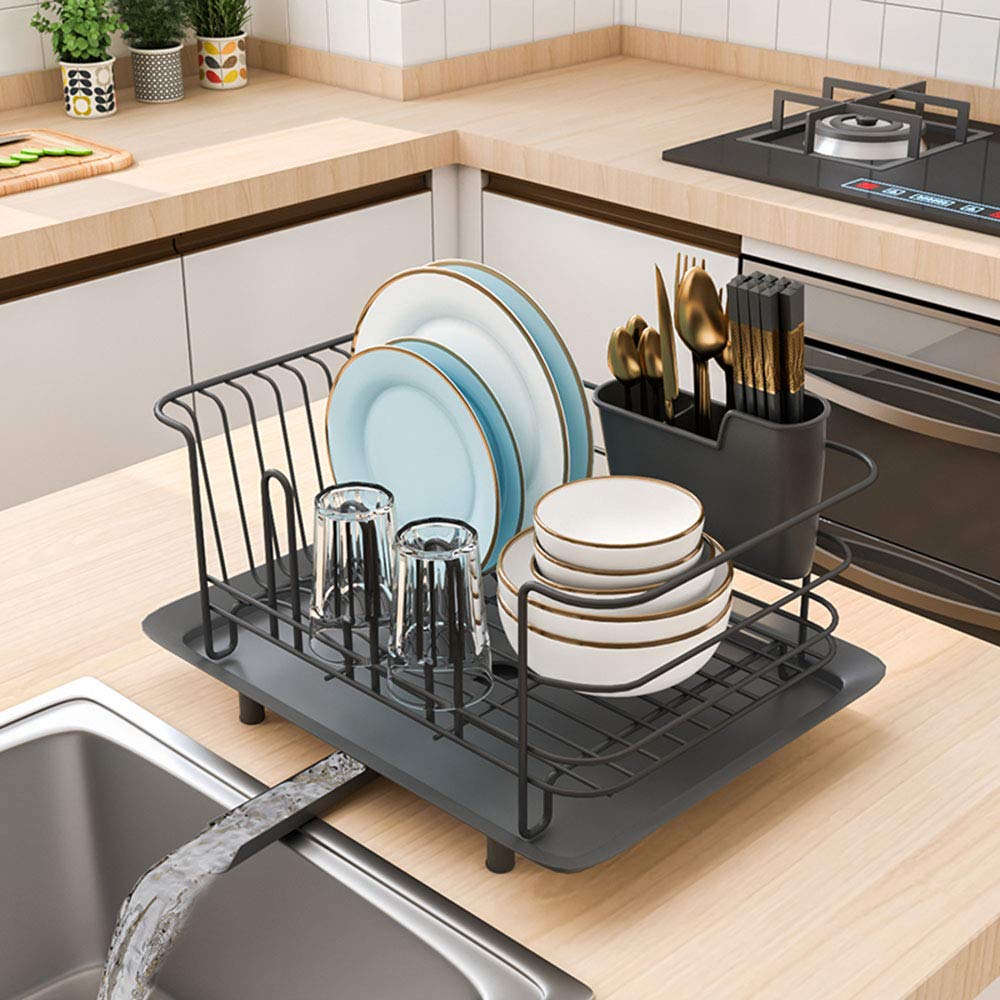 TYUHDUYUR Kitchen Dish Drainer Rack with Utensil Holder/Cup Holder, Multifunction Vegetable and Fruit Basket with Drainboard, Black, White, Orange/Orange (Black) (Black)