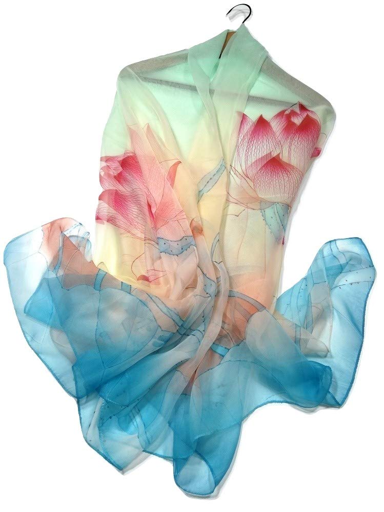 Shanlin Bufandas florales súper grandes con tacto de seda para mujer en caja de regalo, Lotus-azul claro, 70.5” x 55” (180x140cm)
