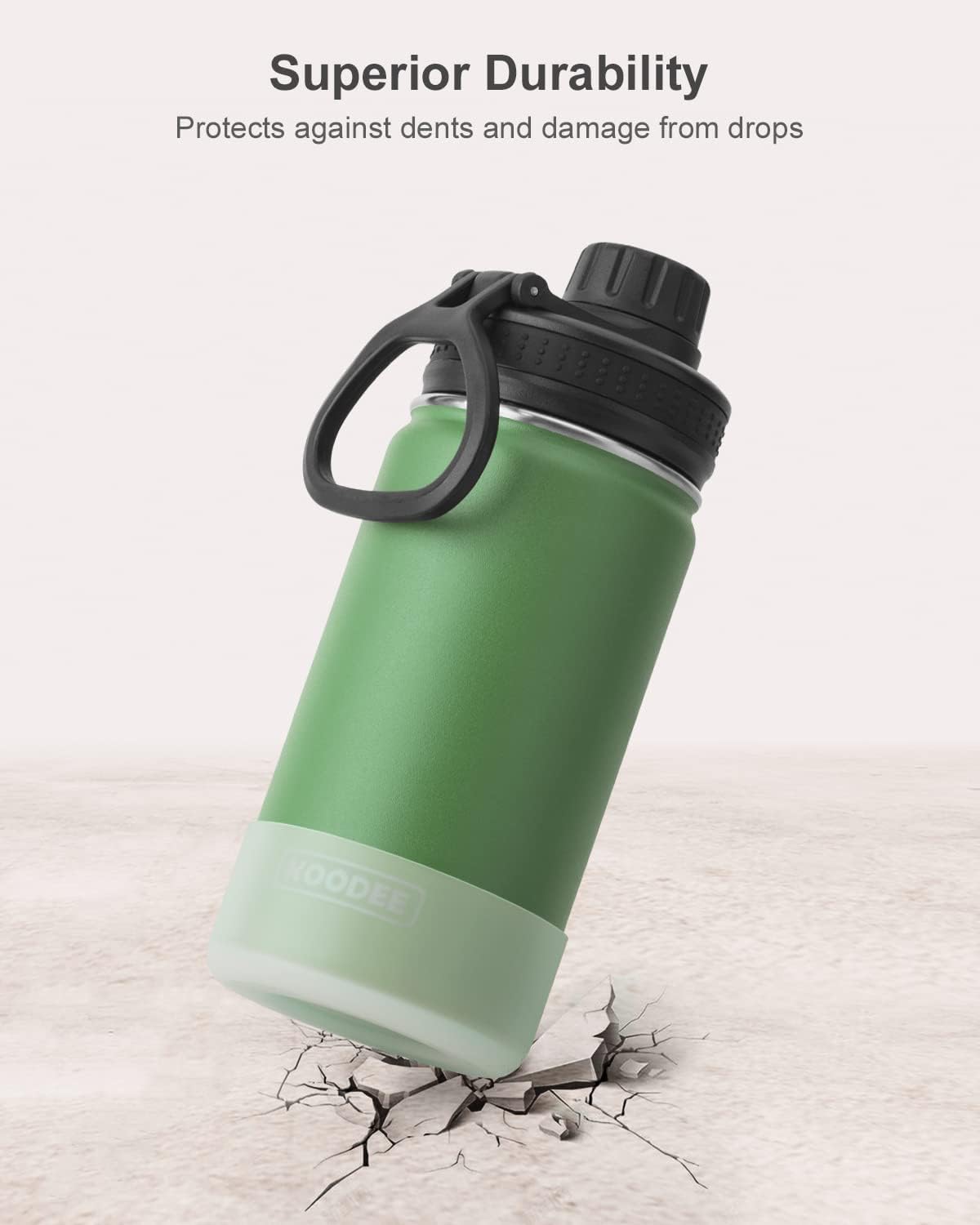 koodee 12 oz Water Bottle Stainless Steel Vacuum Insulated Wide Mouth Water Flask with Leakproof Spout Lid, Reusable Metal Water Bottle for Boys BPA Free(Grass Green) - Image 2