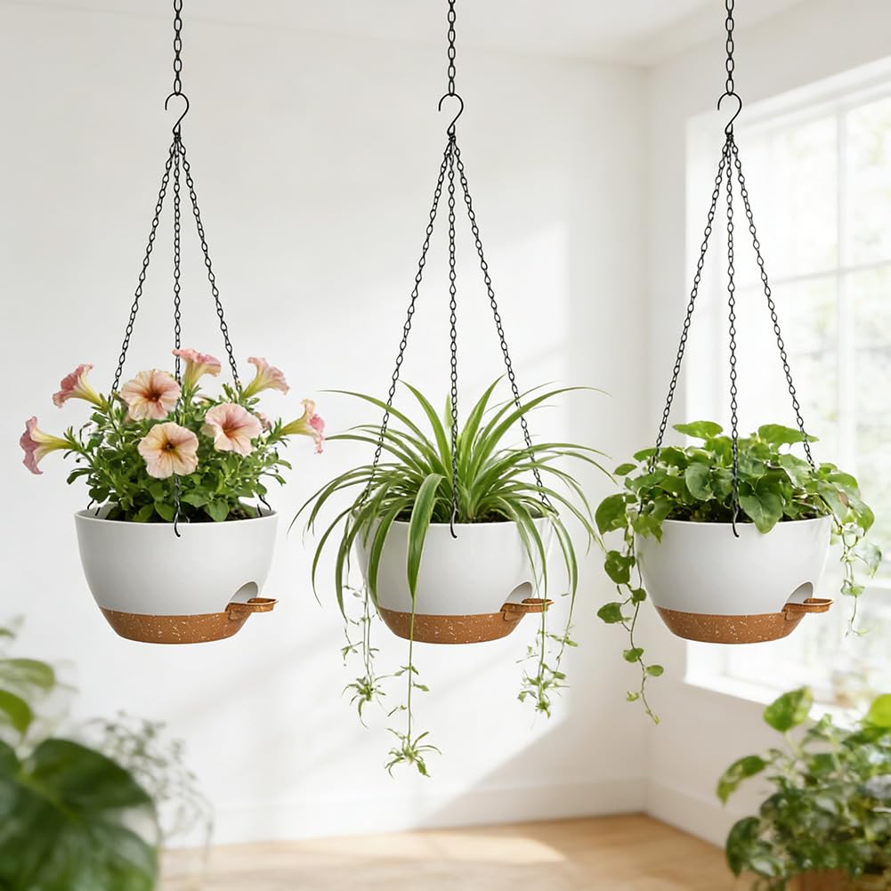 Lot de 3 Pots Suspendus pour Plantes d'Intérieur, 25 cm Jardinières Suspendues avec Soucoupe et Trous de Drainage, Pots de Fleurs Suspendus pour Balcon, Salon, Jardin, Intérieur et Extérieur, Blanc