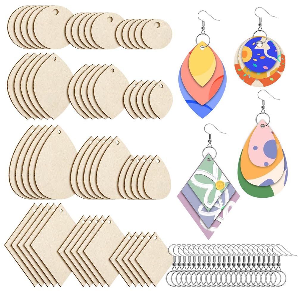 CTRLZS 120Pieces Unfinished Wooden Earrings Blank Wood for Earring 4 Shapes for Wooden Earring with Earring Hooks & Jump Rings