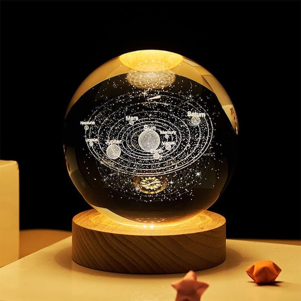 BLACK MIRROR Crystal Ball Night Lamp, LED Projector with 72 Light Modes, Pink and Rose Gold, 25 cm (Solar System, 6 cm)-image-0