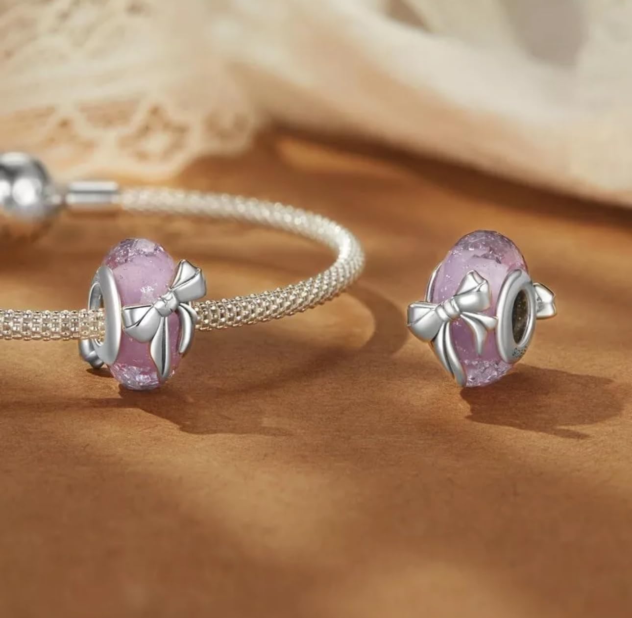 Charm-Anhänger aus Muranoglas mit rosa Schleife, echtes 925er-Sterlingsilber, kompatibel mit Pandora-Armbändern