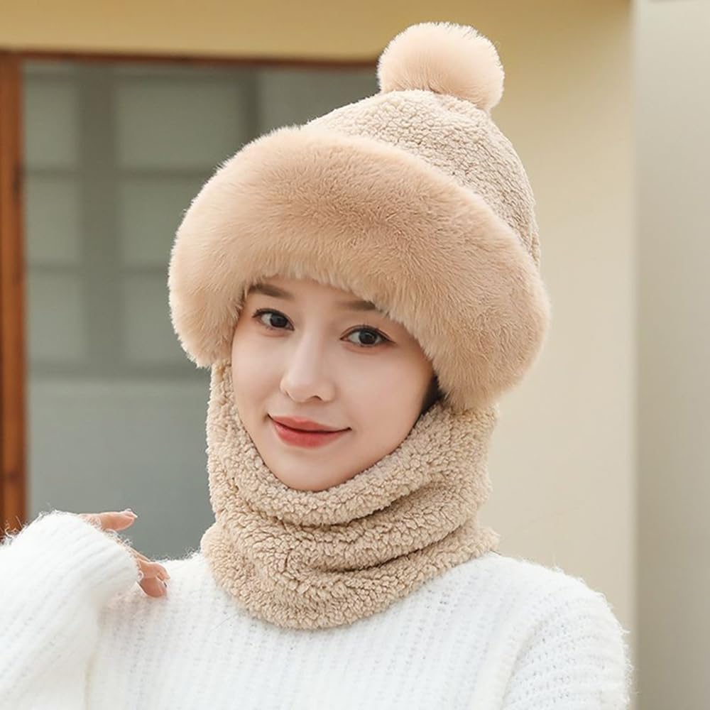 One-Piece Hat Womens Winter Warm Elastic Soft Ear Protection Knitted Scarf Mask Hat Fleece Lined Beanie Hat - Image 3