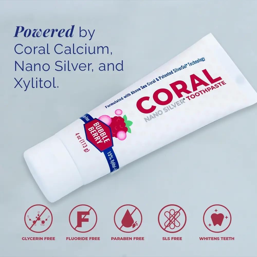 Coral Nano Silver Kids Toothpaste – Natural, Fluoride-Free Children’s Whitening & Remineralizing Toothpaste with Coral Calcium – SLS-Free, Safe to Swallow, Anti-Plaque – Bubble Berry, 4 oz