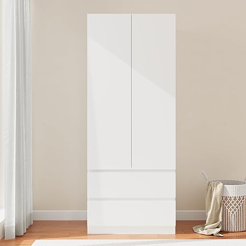 Armario de madera con 2 puertas, armario de dormitorio de 79 pulgadas con 2 cajones, armario para ropa con barra para colgar y estantes, armarios