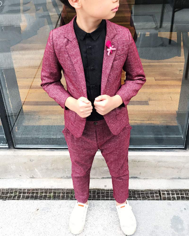 Jungen Kinder Anzug Plaid Zweiteiliges Set Lange Ärmel Revers Blazer Hosen Outfit Burgunderrot 130
