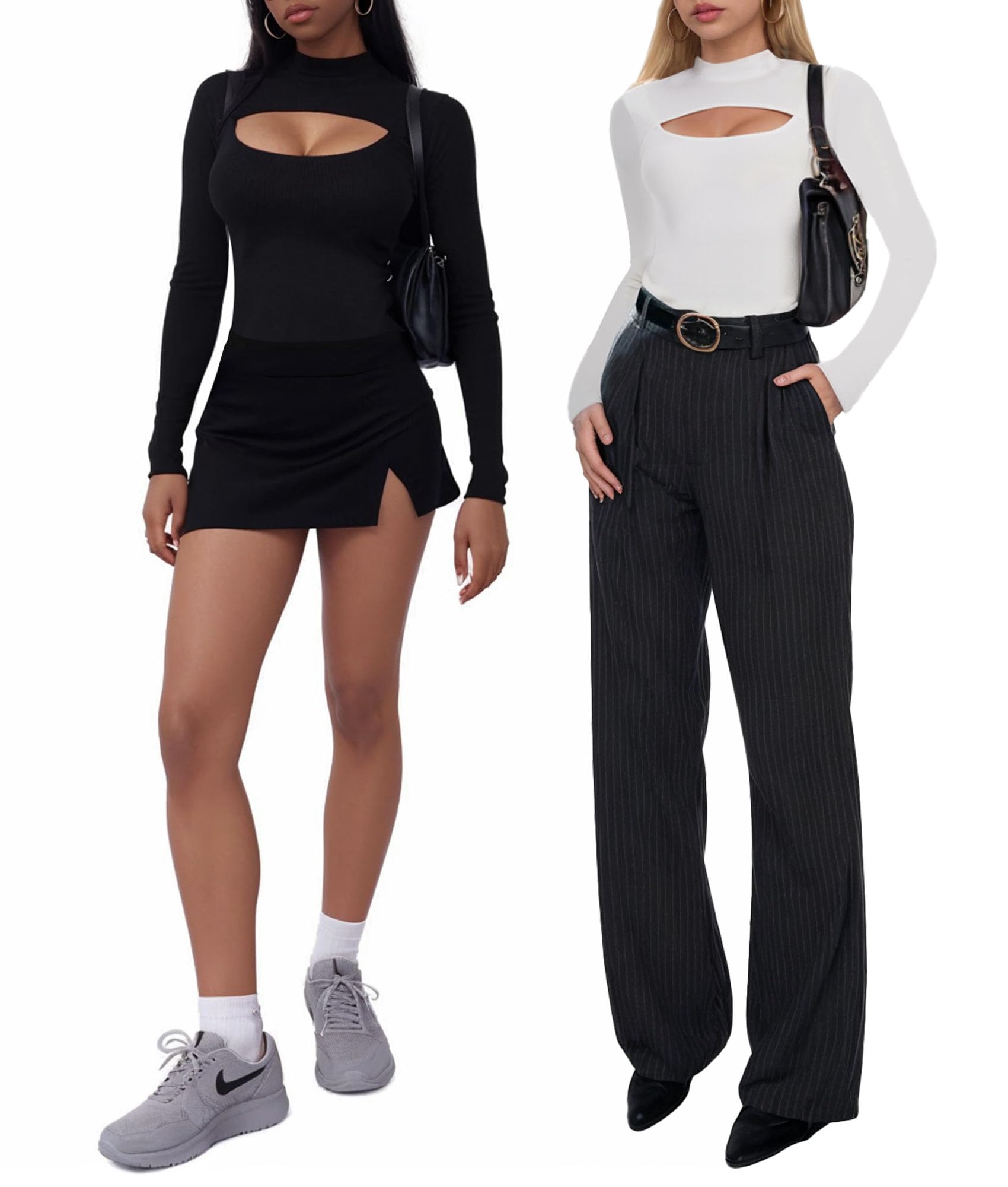 SHAPERIN Body Mujer Manga Larga Bodysuit de Cuello Alto Leotardo Elástico Jumpsuit Top Long Sleeve Cutout Front