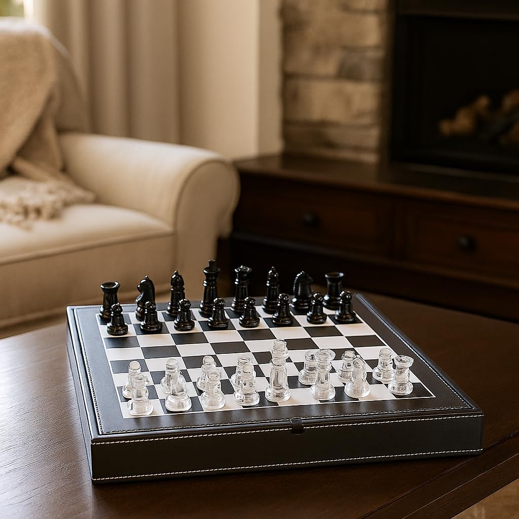 Luxury Glass Chess Set for Adults - 2 Extra Queens, Premium Leather Storage Case with 13.2” Chessboard Elegant Board Game Gift