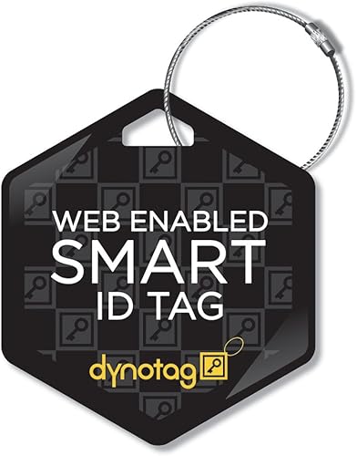 Dynotag® Etiqueta de identificación de propiedad de acero inteligente de lujo habilitada para web + anillo de acero, con DynoIQ™ y servicio de Negro
