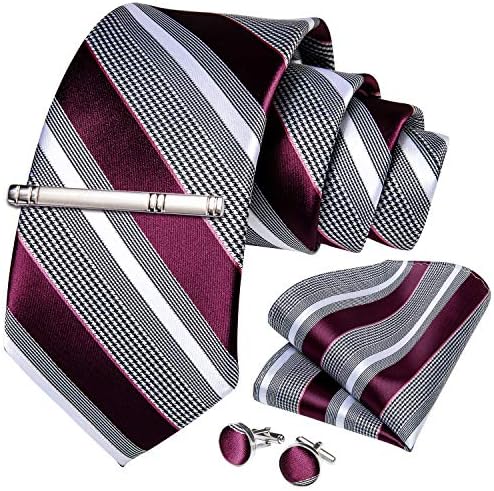DiBanGu Formal Grey and Burgundy Stripe Necktie Pocket Square Silver Tie Clip Cufflink Set for Men
