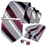 DiBanGu Formal Grey and Burgundy Stripe Necktie Pocket Square Silver Tie Clip Cufflink Set for Men