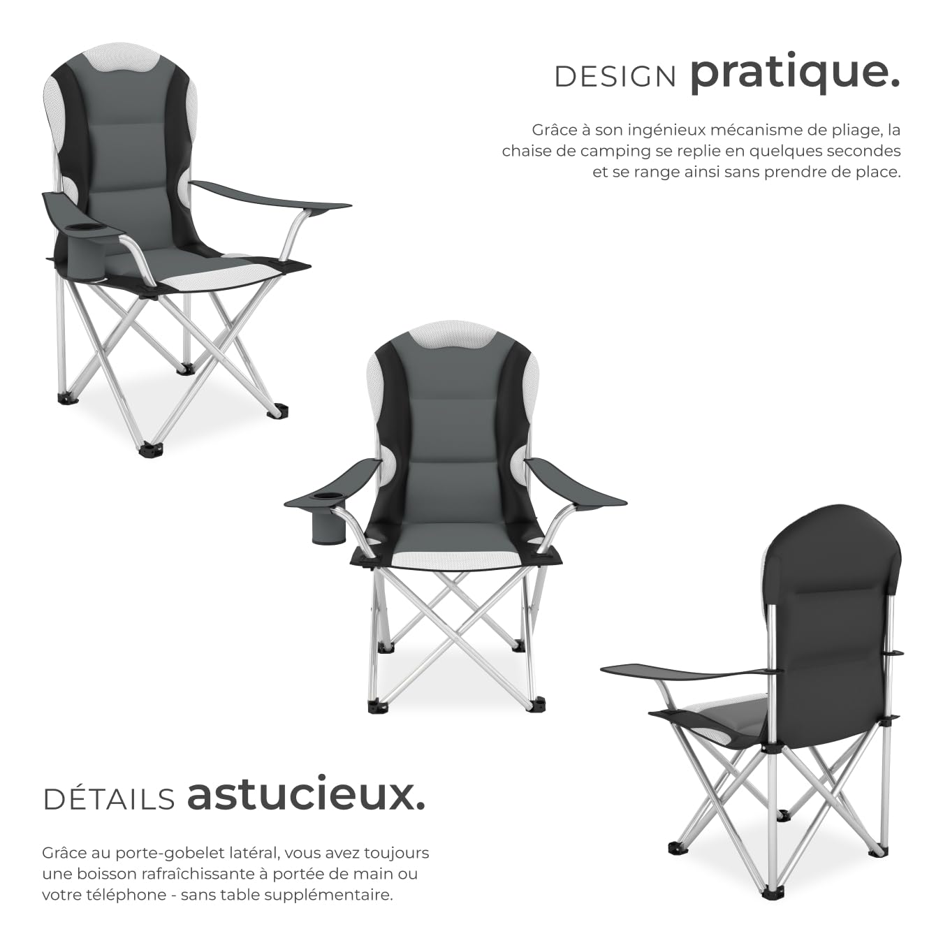 tectake Chaise de Camping Fauteuil Pliable avec Porte-Boisson et Sac de Transport - Rembourrage en Mousse -diverses Couleurs et Tailles au Choix- (Gris (2 pièces)) Ø Cadre: Environ 19 mm