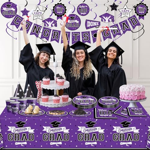 DAZONGE Graduation Decorations Class of 2026 Purple, 265pcs Disposable 2026 Graduation Party Decorations Tableware Set, Grad Party Supplies for 50 Guests, Congrats Grad Banner and Hanging Swirls by DAZONGE - Used condition - Image 2
