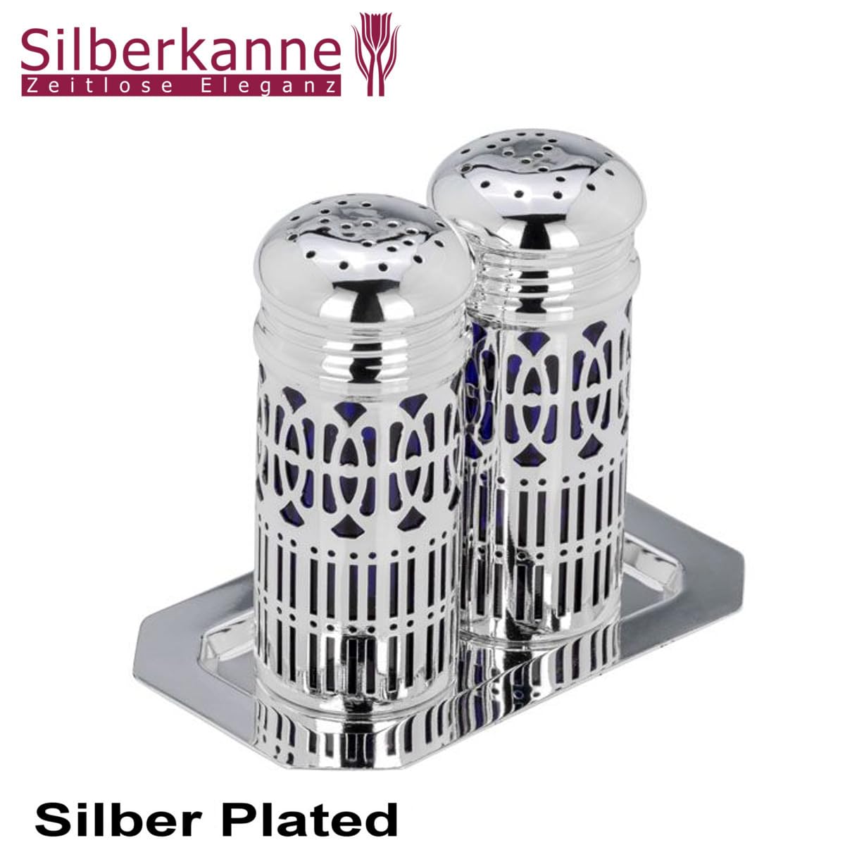 Par de esparcidores con bandeja de color azul higiénico, rectangular, 9 cm, plata de primera calidad, chapado en plata