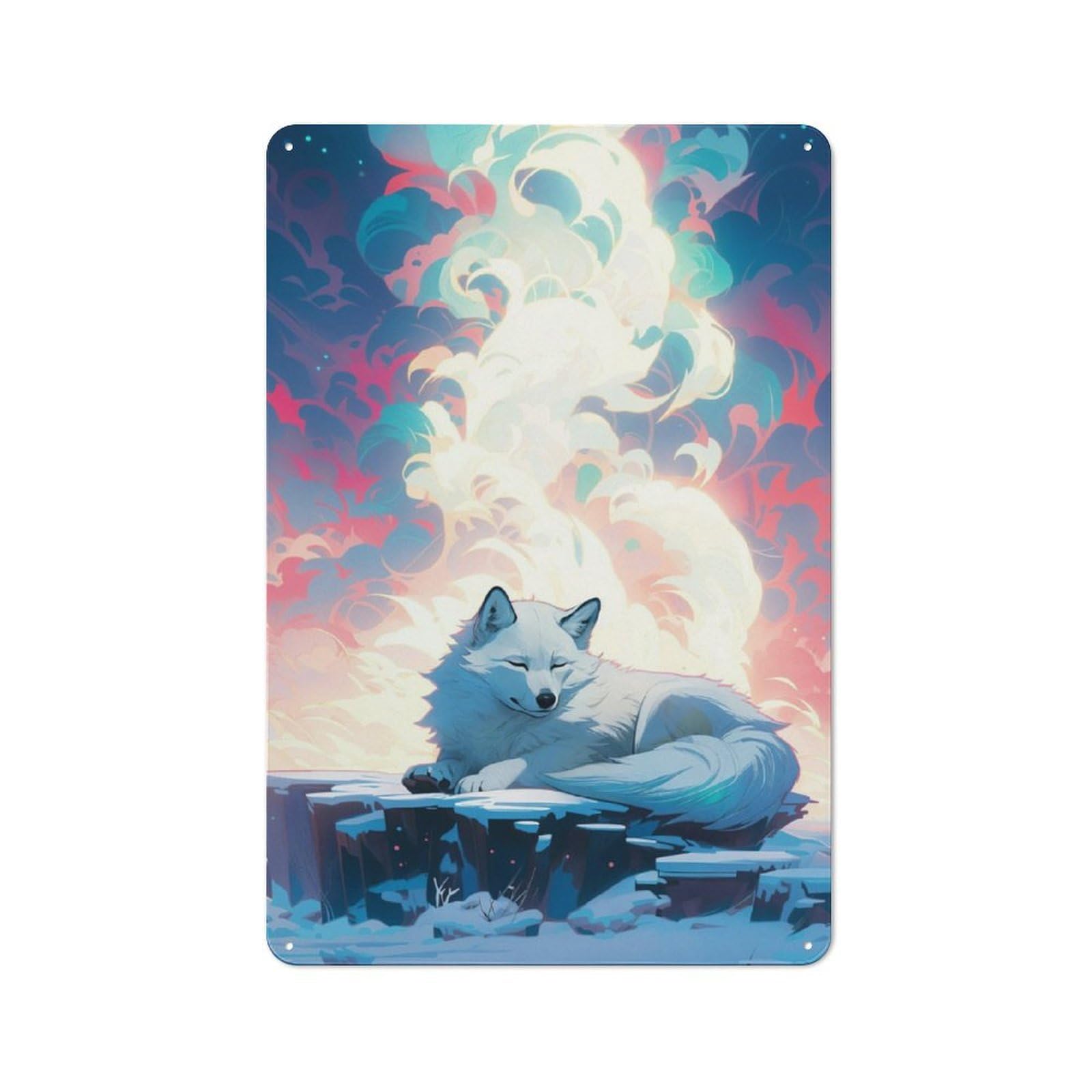 Junmoney White Wolf In A Dreamy Landscape Tin Wall Sign 30X20cm, Country Style Bistro Wall Plaque For Coffee Bar, Kitchen, Bistro Or Tea Corner