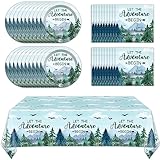 ZOIIWA Adventure Awaits Tableware Set Let The Adventure Begin Plates Napkins Tree Mountain Wilderness Tablecloths Winter Party Dinnerware for Kids Baby Shower Birthday Party Decor Supplies