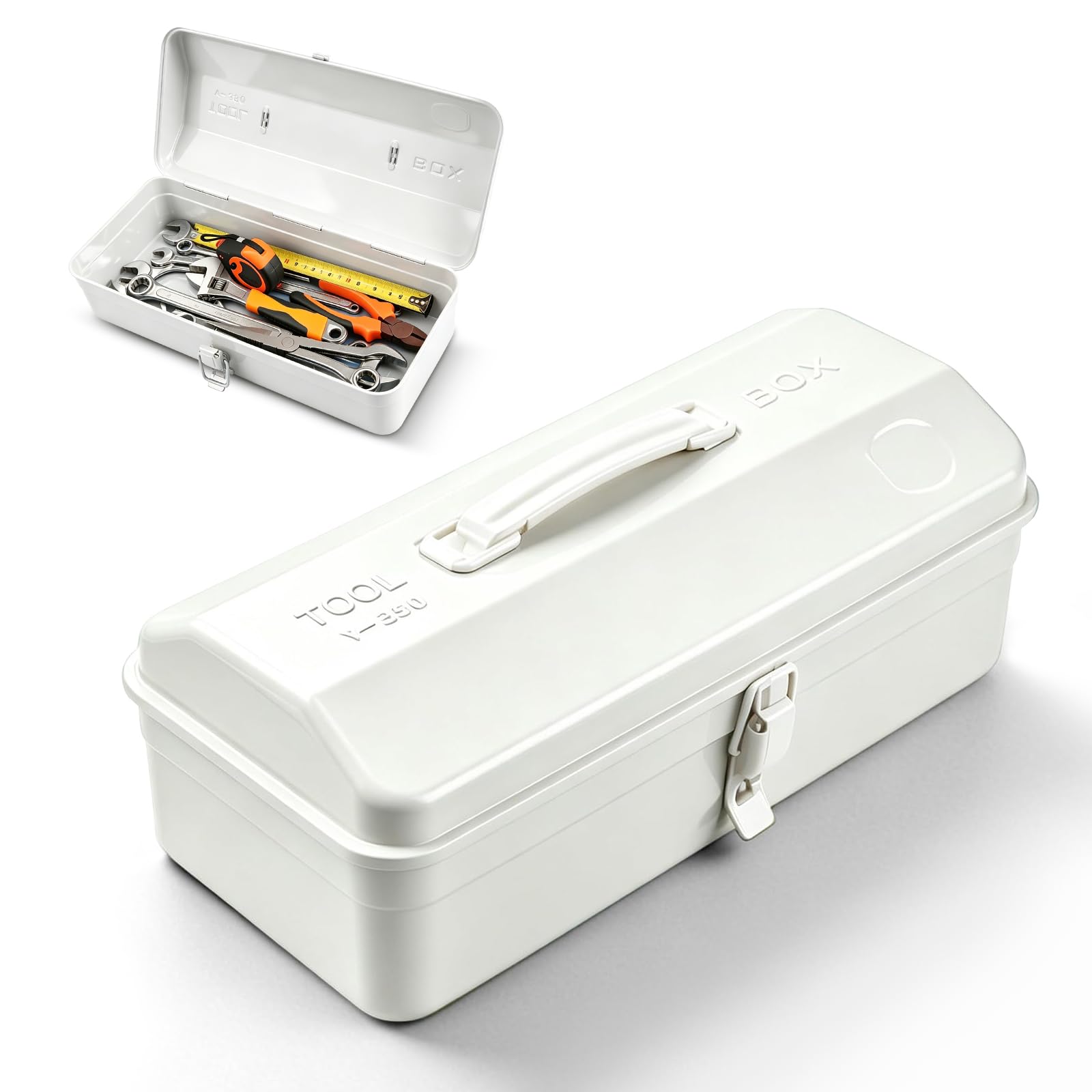 Caja de herramientas pequeña vacía, caja de herramientas de metal con tapa, 37 x 16 x 12 cm, portátil, chapa de hierro con asa y cierre, para almacenamiento y transporte de herramientas (blanco)