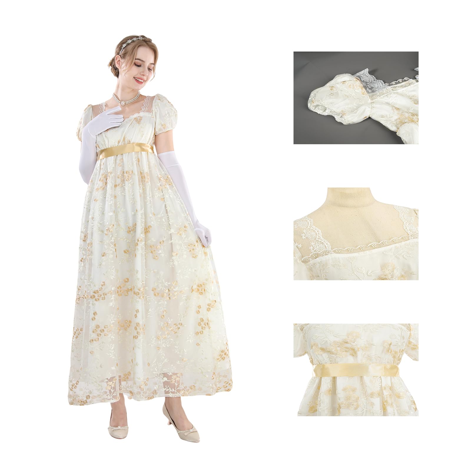 LTAKK Vestidos Regency para mujer, mangas abombadas con faja, vestido largo floral, cintura imperio, vestido renacentista, elegante, maxi para bodas, galas, vestidos de fiesta de té para mujer
