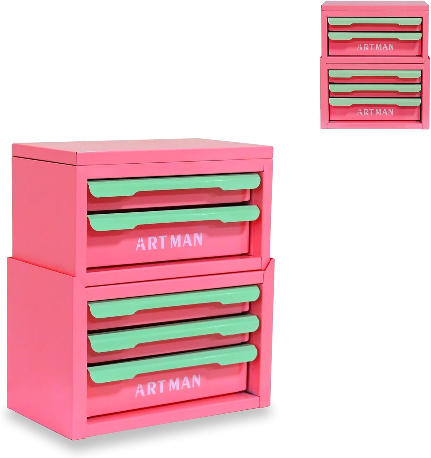 Mini Tool Box with Drawers, Small Tool Chest Style Metal Desktop Storage Box, Portable Desktop Drawer Organizer with Stackable Top & Base Design for Desk, Office & Small Tool Parts — Pink Green