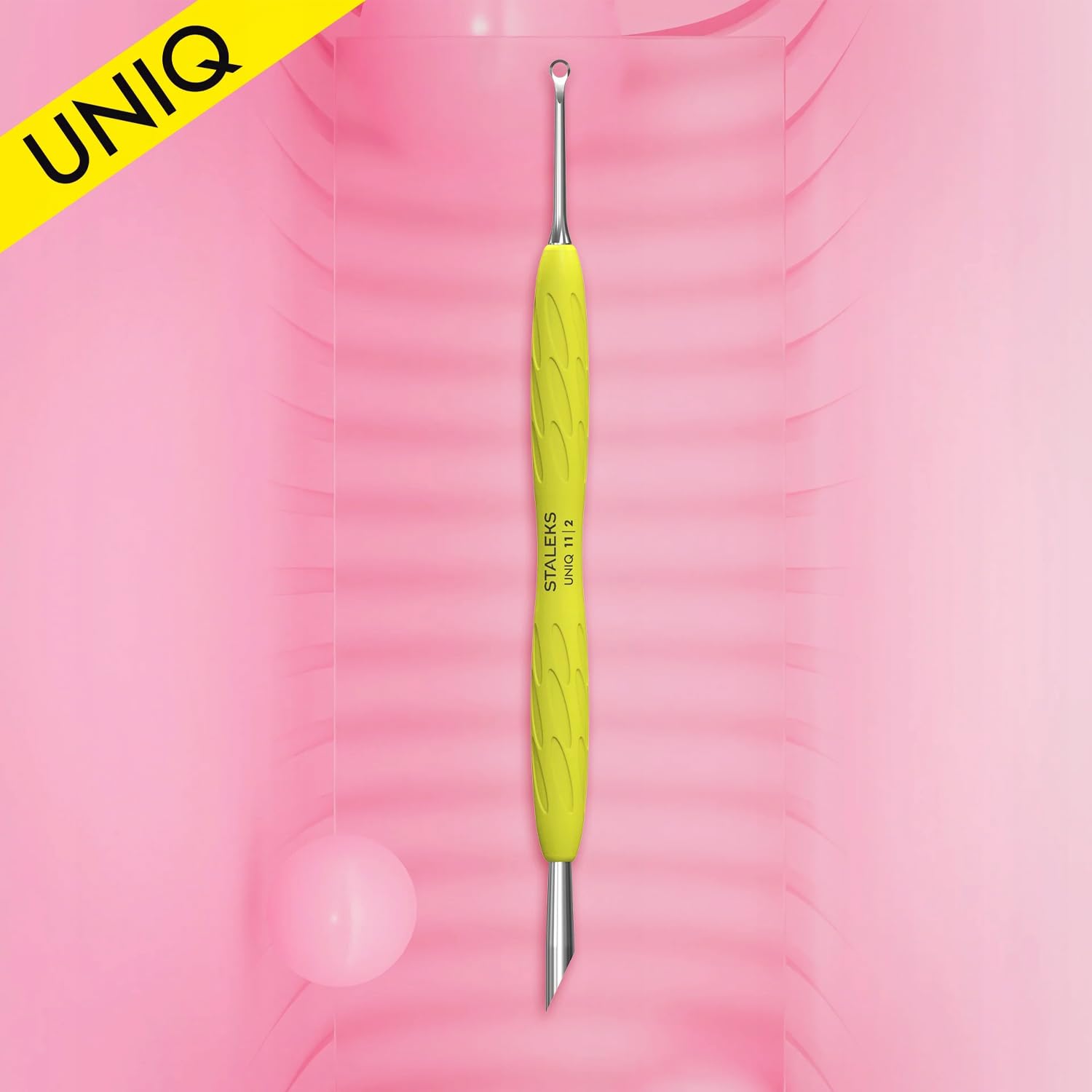 Staleks UNIQ PQ-11/2Y Spinta cuticole doppio professionale manico in silicone giallo – strumento manicure pedicure acciaio inossidabile sterilizzabile (anello + spinta obliqua)