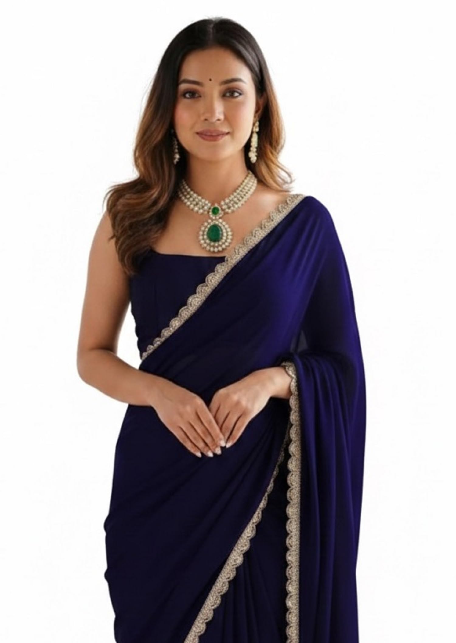 Ready To Wear Saree For Women Navy Blue Georgette One Minute Readymade Stitched Scalloped Border Lace With Unstitched Blouse
