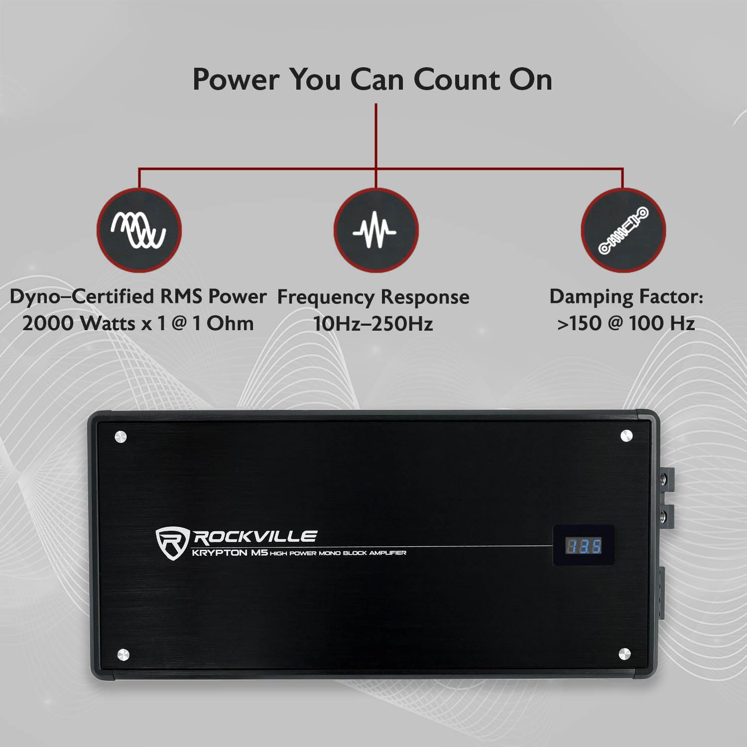 Rockville Krypton M5 3000W Mono Car Amplifier, Dyno-Certified RMS, Voltage Display, Bass Remote, Clip Indicator, Class-D, Perfect for Car Audio & Subs