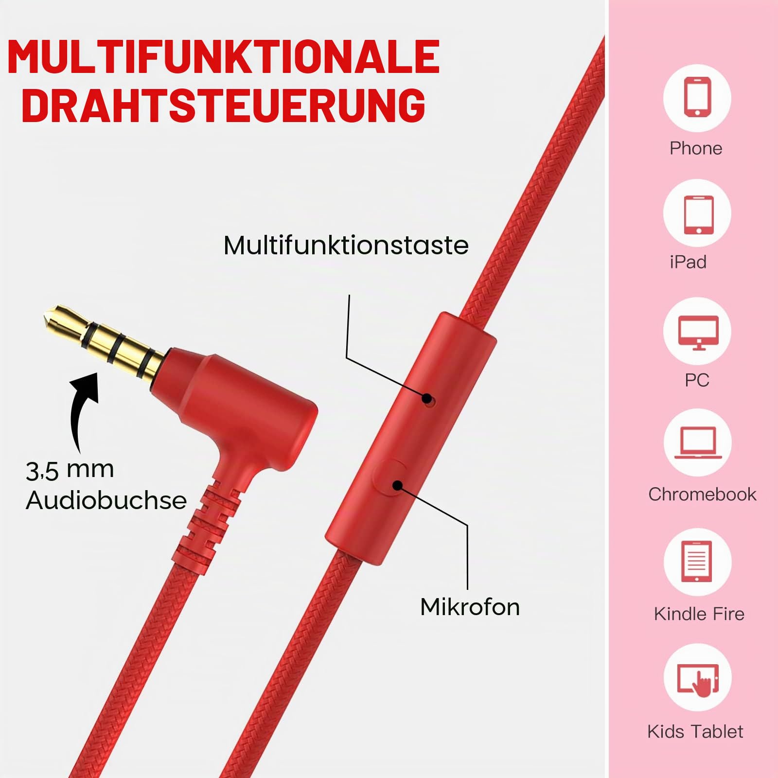 Rockpapa 952 Kinder Kopfhörer mit Kabel, Kopfhörer Kinder Mädchen, HD Mikrofon, Klinke 3.5 mm, Faltbare, On Ear Kopfhörer für Schule/Reise/Handy/Tablet/PC, Schwarz Rot