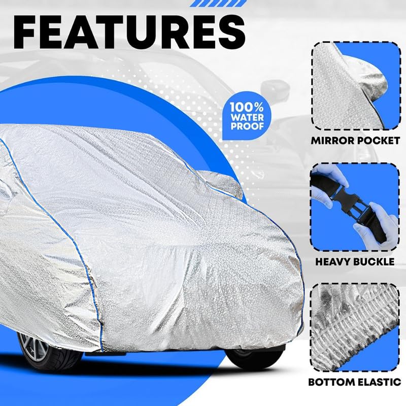 Image of Kerwa Car Cover Waterproof Compatible with Maruti Fronx, Dust, UV & Scratch, All-Weather Proof Full Body Cover, Metallic Silver with Blue Lining, Triple Stitched Elasticated Bottom with Mirror Pocket