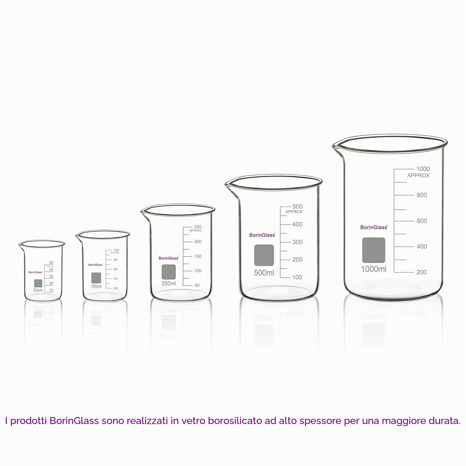 BorinGlass Set di Becker Graduati in Vetro Borosilicato ad Alta Resistenza (5 Pezzi) - 5 Misure: 50 ml / 100 ml / 250 ml / 500 ml / 1000 ml (1 L)