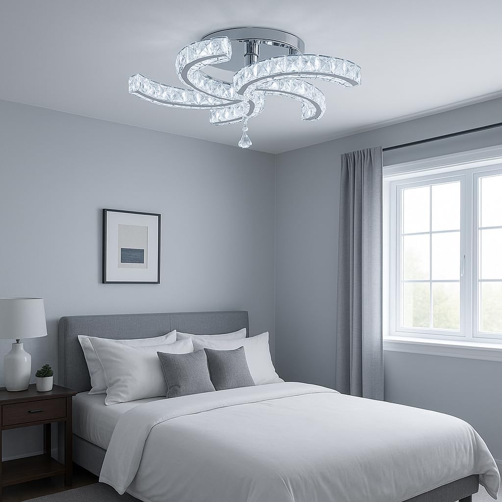 Finktonglan 19.7" Crystal Semi Flush Mount Ceiling Light, 5-Light LED Modern Chandelier, K9 Crystal & Acrylic, 25W, 6500K Cool White, Bedroom Living Room Dining Room Ceiling Lighting Fixture