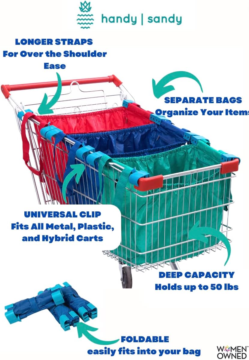 Handy Sandy Cart Caddy – 3-Pack Reusable Shopping Bags with Cart Clips | Heavy-Duty Grocery Organizer Tote Set | Eco-Friendly, Foldable, 40 lb Capacity | Blue