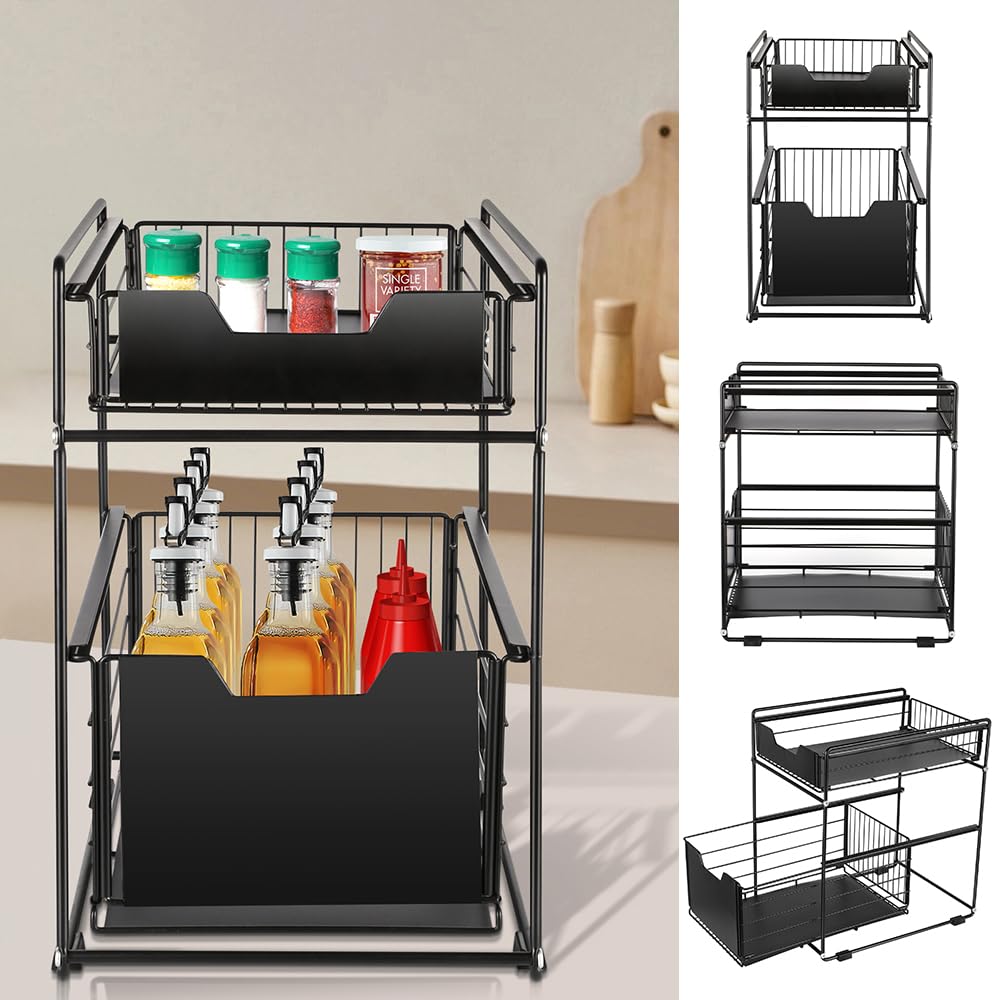 OHMG Schiebeschrank Korb herausziehen Organizer Schublade, küchen küchenschrank organizer,spülbecken organizer unter Waschbecken Schrank Lagerregal für Küchenarbeitsplatte (schwarz-2p)