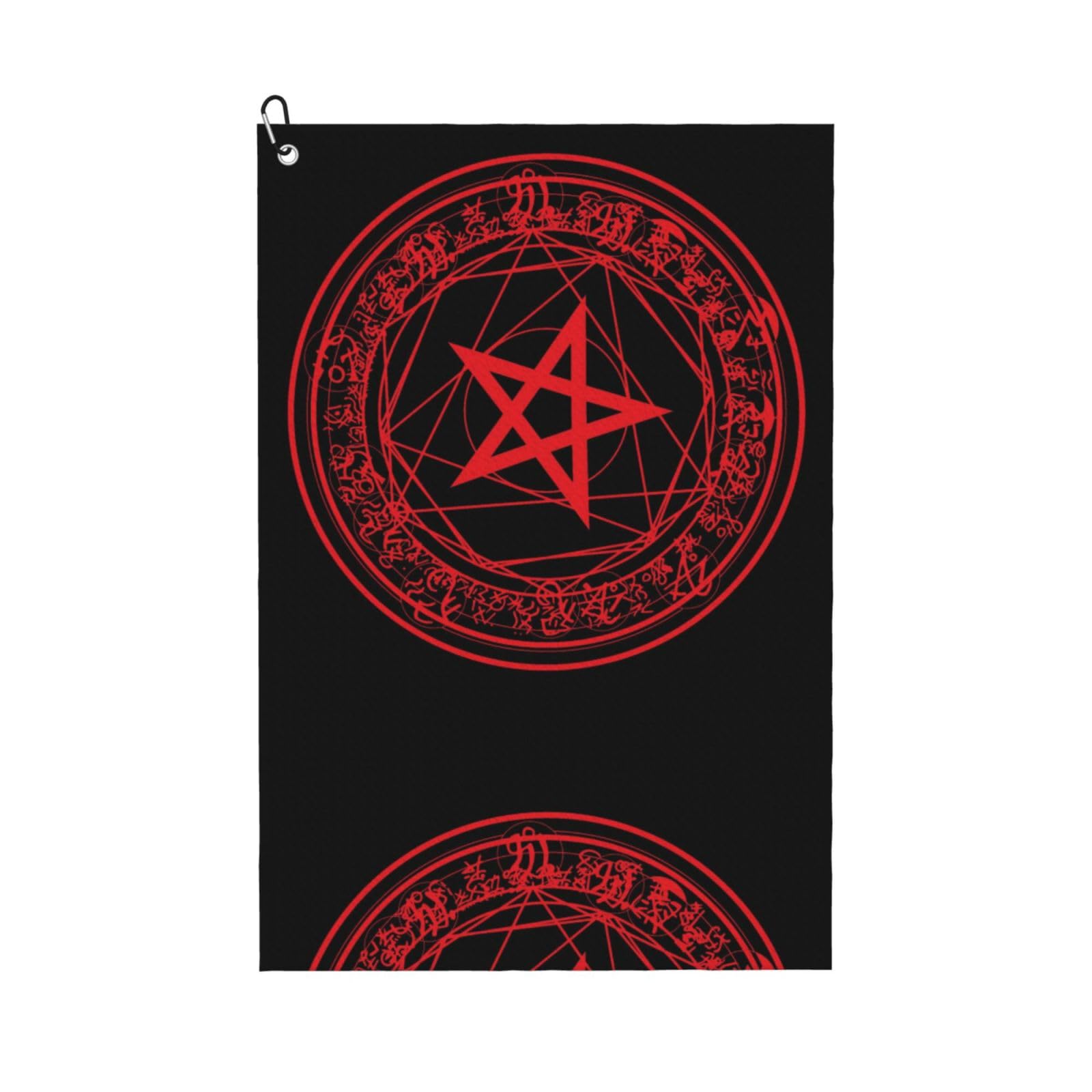peiyeety Pentagram Blood Red Circle Microfiber Golf Towel with Carabiner Clip, 16x24 Inch Absorbent Waffle Weave Towel for Golf Bags