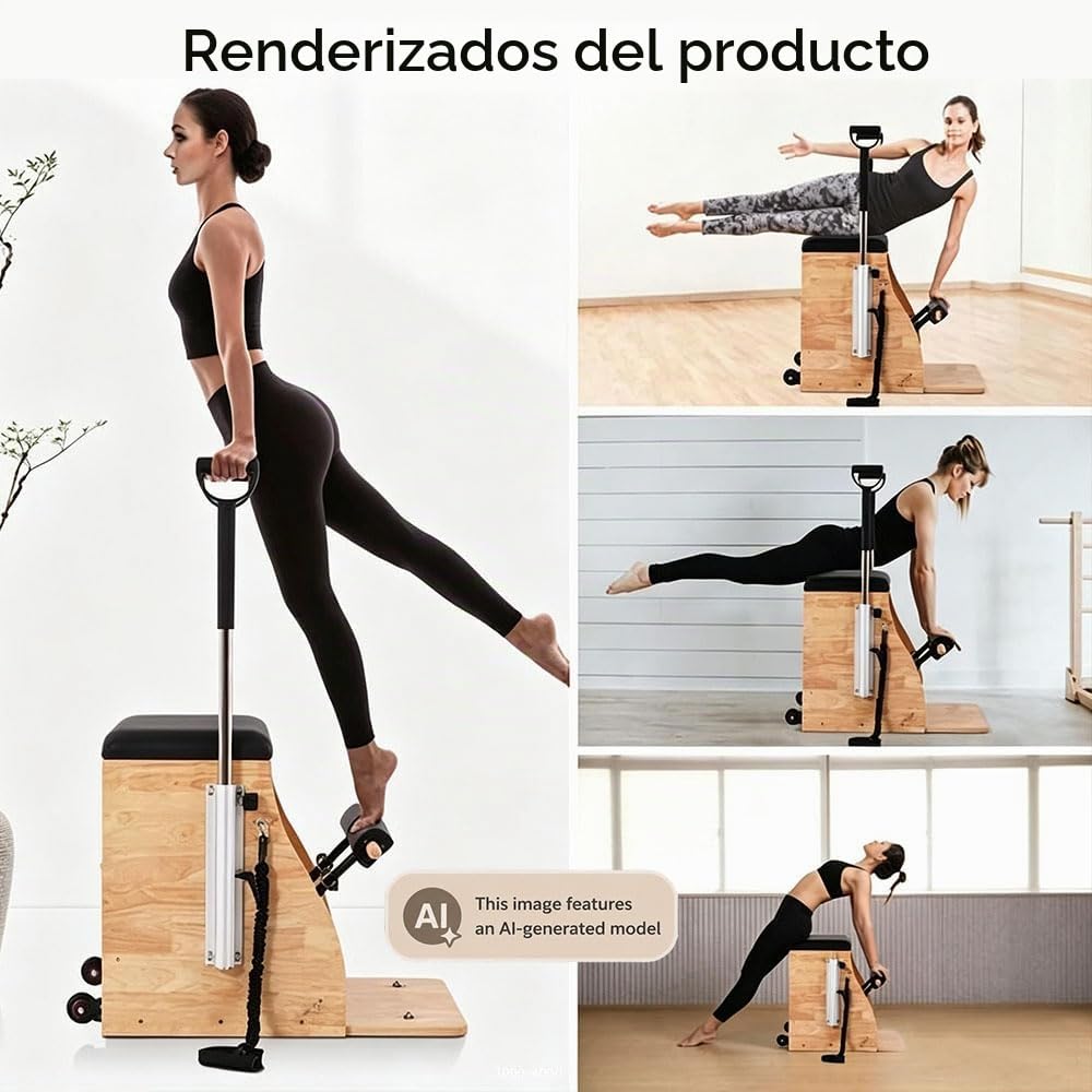 Pilates Chair, Silla de estabilidad Pilates con pedales divididos, entrenador físico combinado, máquina Pilates Reformer, con bandas de resistencia, asas y pedales divididos, madera de roble duradera.
