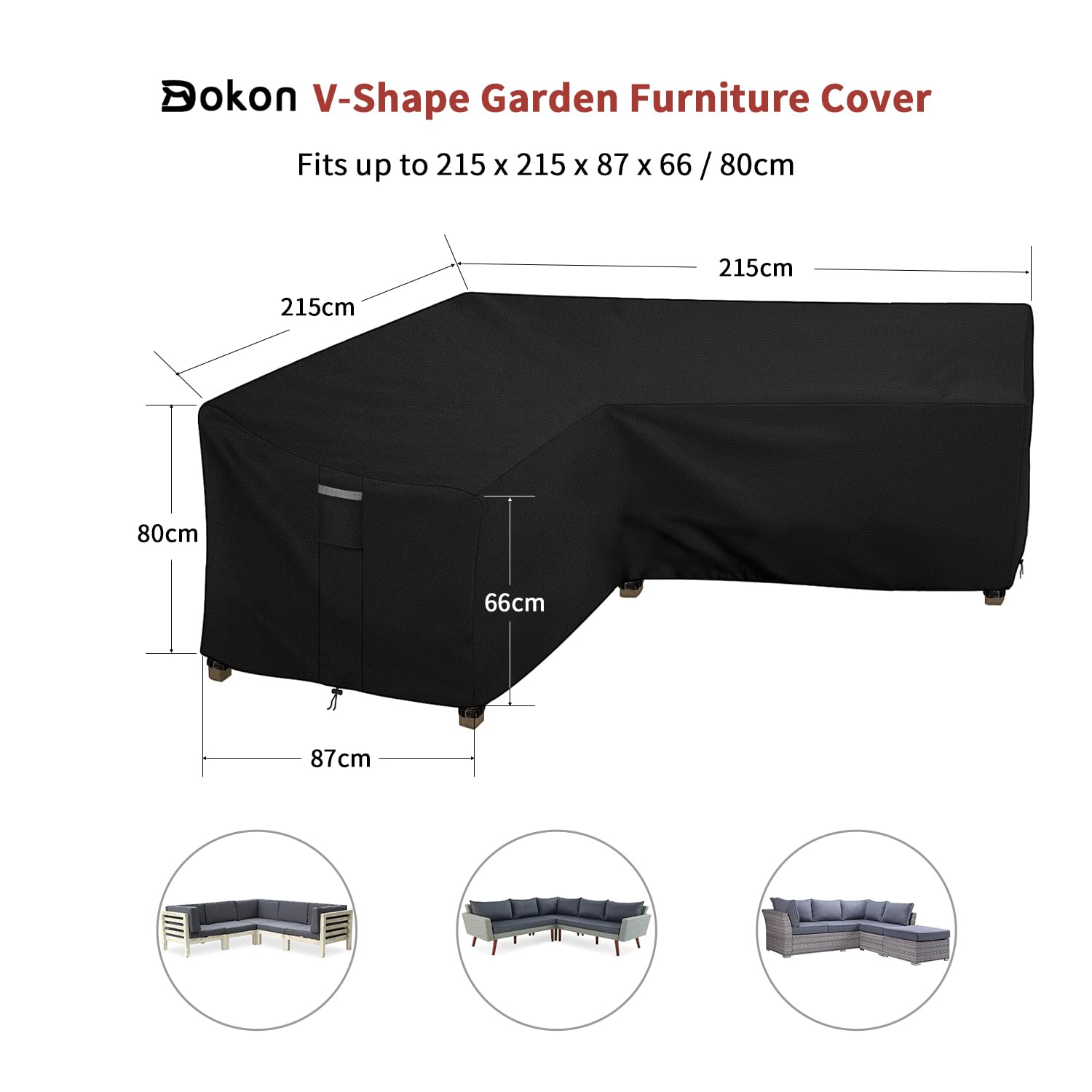 Dokon Gartenmöbel Abdeckung L Form Wasserdicht Winterfest 420D Oxford Gewebe Winddicht Anti-UV Schutzhülle für Loungemöbel L-Form, Ecksofa, Gartensofa Abdeckplane - 215x215x87x80cm