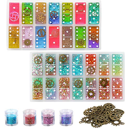 Resin Molds Domino, Domino Game Silicone Molds for Resin Casting Double Six Epoxy Resin Molds with Colorful Sequins and Gear Accessories, DIY Craft 28 Cavities for Personalized Dominoes