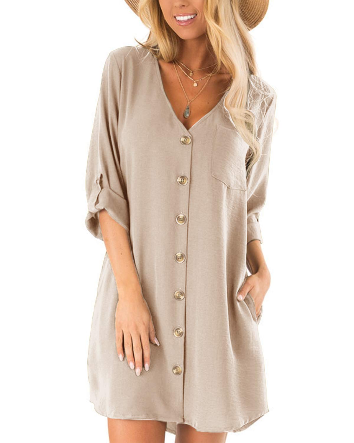 CNFIO Bluse Damen Sommerkleid Elegant Kleider V-Ausschnitt 1/2 Ärmel Einfarbig Langarmshirt Shirt Design Kurz Blusenkleid Minikleid Strand Kleider