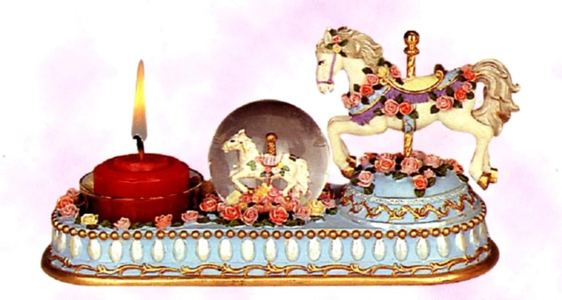 Candle Holder Centerpiece Carousel Horse Tea Light Votive Candle Holder with Mini Snow Globe. Resin. Decor 4 1/2" High.