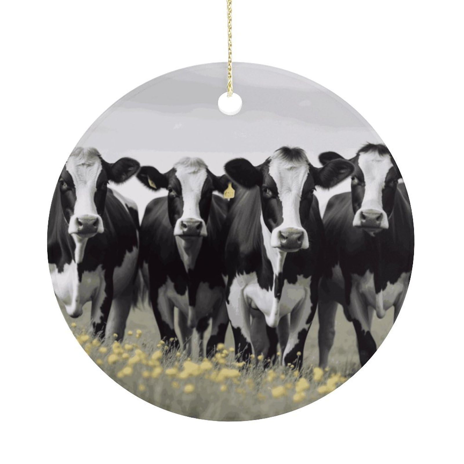Black White Cows Christmas Ornaments Colorful Round Ceramic Ornament Christmas Hanging Decor Christmas Tree Decorations Xmas Keepsake for Women Men Xmas Holiday Party