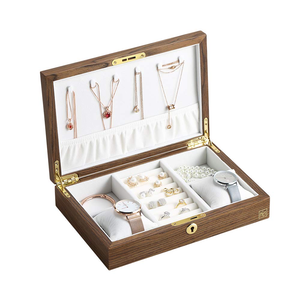 CASEGRACE Wooden Jewelry Box for Women Display Organizer Case Vintage Jewelry Box with Lock for Necklace Earring Watch Jewelry Storage