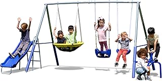 Sportspower Taylor 700lbs Galvanized Metal Swing Set for Kids for Backyard & Outdoors with Teeter-Totter, Saucer & Standing Swings, & 5ft Slide, 7.55' D × 13.88' W × 6.07' H, Bonus Anchor Kit