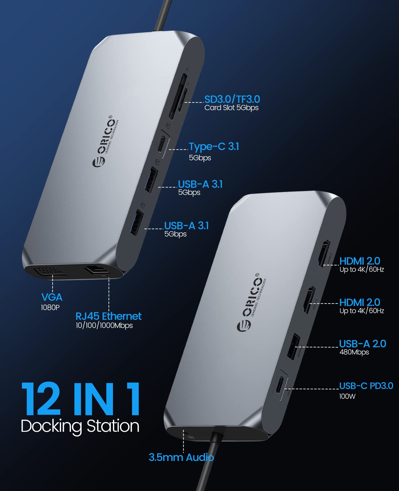 Station d'accueil Hub USB, ORICO Docking Station, Adaptateur USB C avec Double HDMI 4K, 100 W Power Delivery, Ethernet 1 Gbps, 3 Ports de données USB 3.0, Lecteur de Carte SD et microSD, 1080P VGA