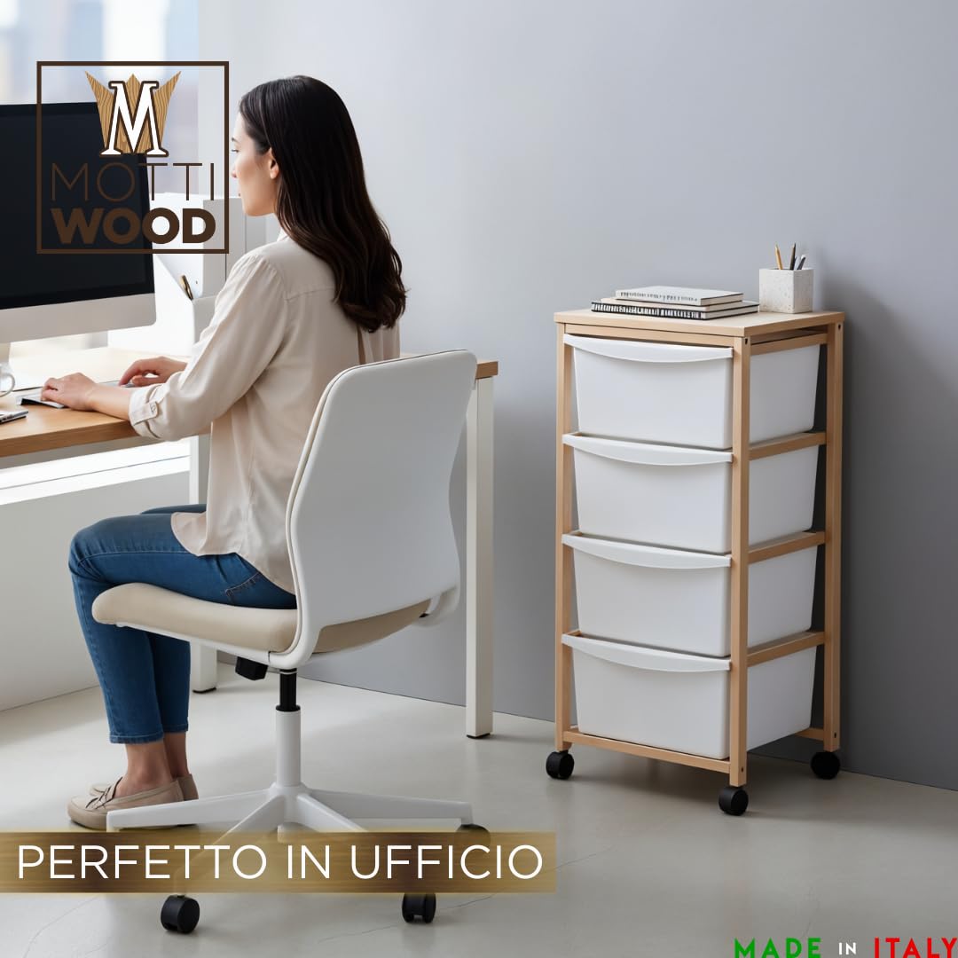 Carrello Multiuso in Legno di Faggio, 4 Cassetti Estraibili, Cassettiera Salva Spazio, 36x34xh82
