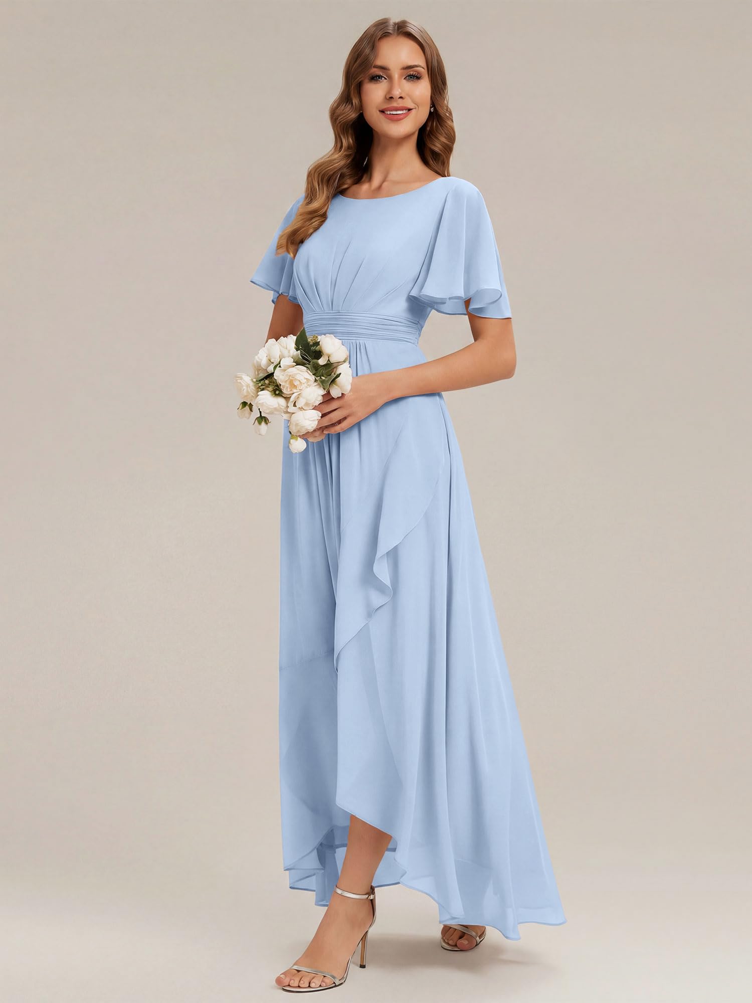 Ever-Pretty Abiti da Damigella Collo Rotondo Maniche Corte Chiffon High Low Sbordi Asimmetrici ES02708