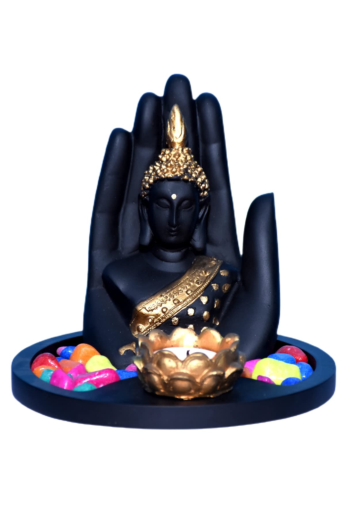 Avon Star Gallery Hand Buddha Statue with Tealight Candle and Wooden Base Tray - Decorations Items for Home Gifts Set